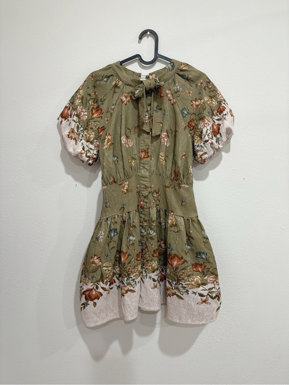 GB girls Olive Green Floral Tie-Neck Dress- size large
